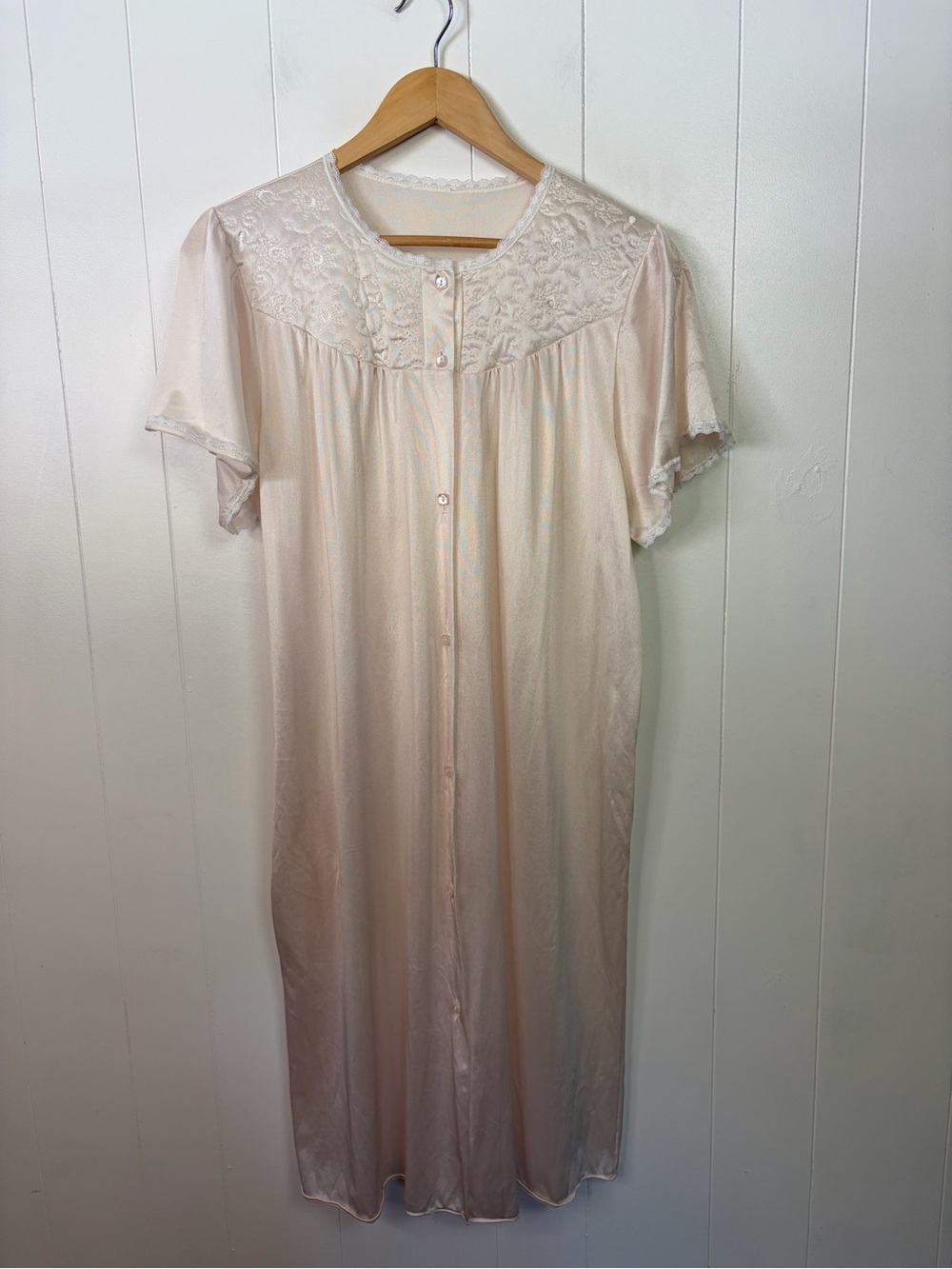 Vintage Pink Satin Nightgown Womens Lace Button Front Maxi Sleep House Dress Med